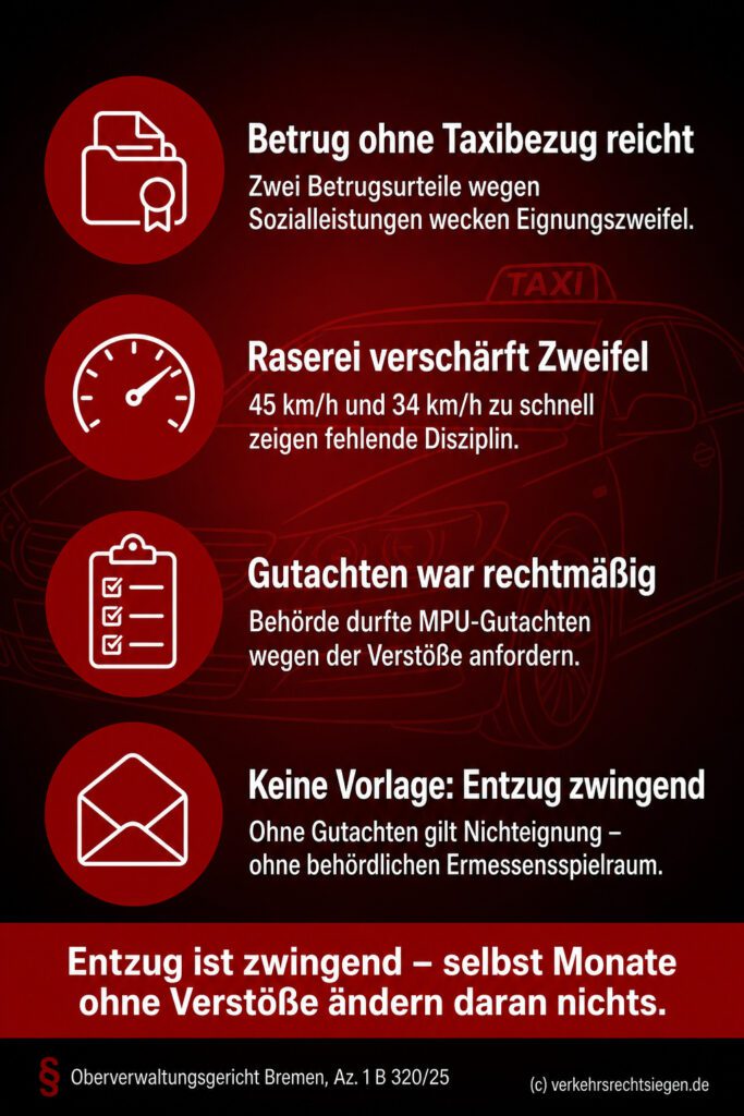 Infografik (Checkliste): Vier Faktoren wie Betrug und Raserei führen beim Taxischein zum zwingenden Entzug ohne Ermessen.