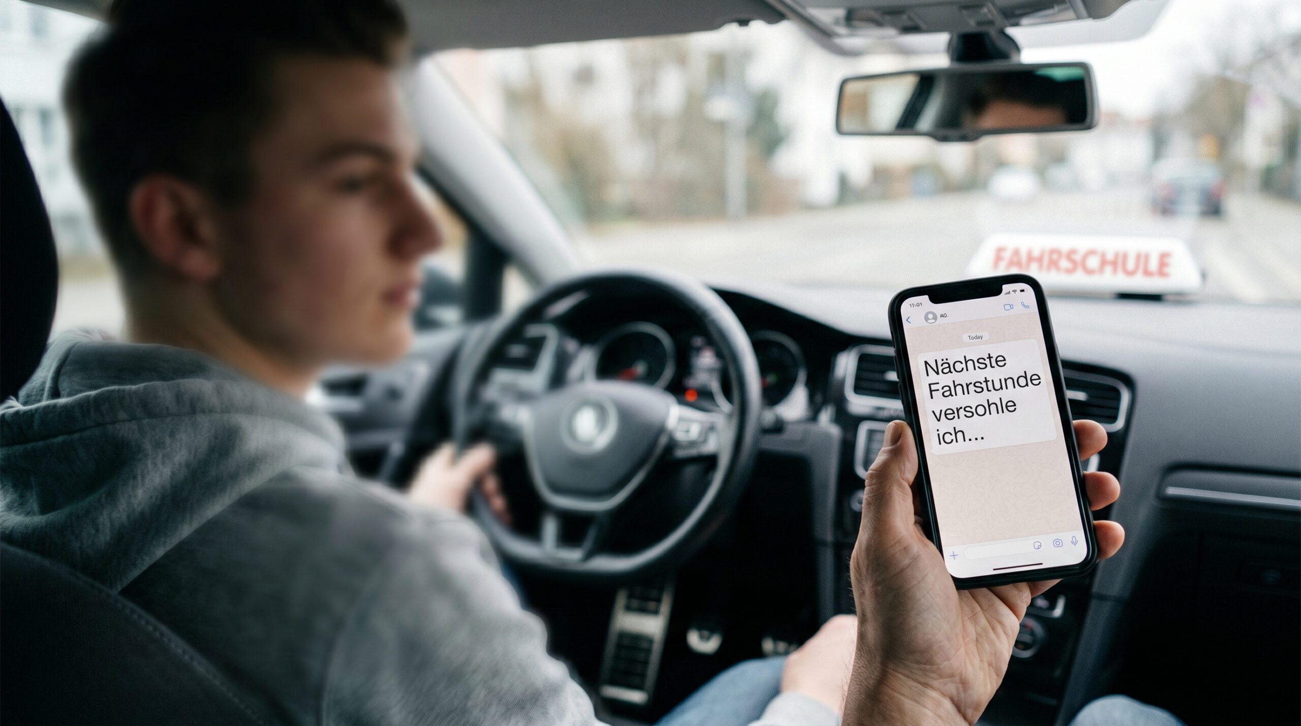 Fahrlehrer hält Smartphone mit anzüglicher Nachricht im Auto; Hände einer Fahrschülerin am Lenkrad sichtbar.